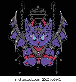 Illustration of Space Cat with Sacred Geometry Background 2 For Tshirt Design
