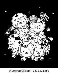 Illustration space cats astronaut doodle, cats doodle series