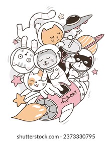 Illustration space cats astronaut doodlet, cats doodle series