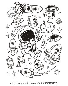 Illustration space doodles, astronaut watching on tv, astronaut doodle