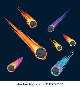 Illustration of space meteors, comets and asteroids with fire trails 