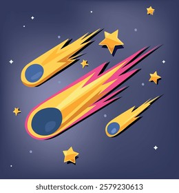 Illustration of space meteors, comets and asteroids with fire trails 