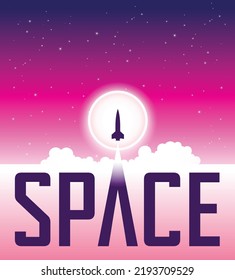 Illustration of Space Poster of a Launching Rocket Over a Pink Night Sky