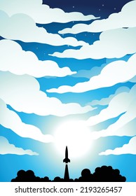 Illustration of Space Poster of Rocket Launch Silhouette Over a Blue Cloudy Sky