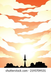 Illustration of Space Poster of Rocket Launch Silhouette Over an Orange Cloudy Sky