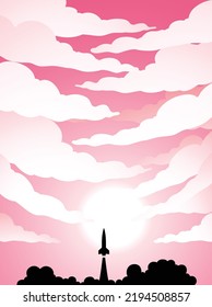 Illustration of Space Poster of Rocket Launch Silhouette Over a Pink Cloudy Sky