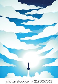 Ilustración de afiche espacial de lanzamiento de cohetes sobre un cielo azul turbio