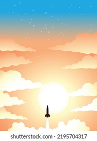 Illustration von Space Poster of Rocket Launch Over a Cloudy and Starry Colorful Sky