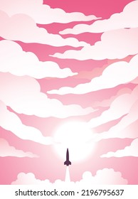 Illustration of Space Poster of Rocket Launch Over a Cloudy Pink Sky