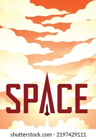 Illustration of Space Poster of Rocket Launch Over an Orange Cloudy Night Sky