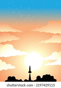 Ilustración del afiche espacial de la silueta de lanzamiento de cohetes sobre un colorido cielo estrellado
