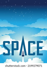 Illustration of Space Poster of Rocket Launch Over a Blue Starry Night Sky