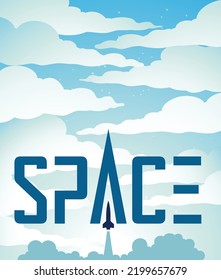 Illustration of Space Poster of a Rocket Launch Over a Light Blue Night Sky with Futuristic Text