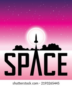 Illustration of Space Poster of Rocket Launching Over Pink Night Sky and the Moon