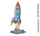 Illustration of a Space Rocket with Flames Isolated on White Background. Futuristic Rocket Blasting Off, Sci-Fi Spaceship
