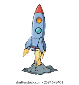 Illustration of a Space Rocket with Flames Isolated on White Background. Futuristic Rocket Blasting Off, Sci-Fi Spaceship