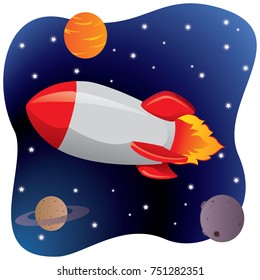 Illustration of a space rocket, spacecraft traveling between planets in outer space universe. Ideal for promotional and educational materials