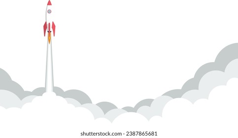 Ilustración de un cohete espacial despegando. Concepto de éxito empresarial y de puesta en marcha. Ilustración vectorial.
