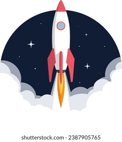 Illustration of a space rocket taking off. Start-up and business success concept. Vector illustration.