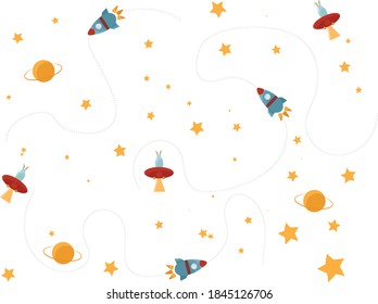 Illustration of space, rocket and ufo among the stars. Pattern for children's posters.