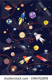 Illustration space with rockets astronauts and planets. Childlike wallpaper.