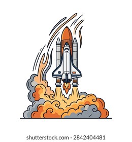 Illustration of a space shuttle ascending into the sky with bright flames and thick smoke billowing from its engines during liftoff.