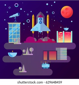  illustration of the space station building and ancillary facilities for launching rockets, expedition and research the background of open space in the flat style