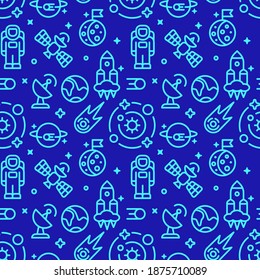 Illustration of the space symbols seamless pattern in blue color