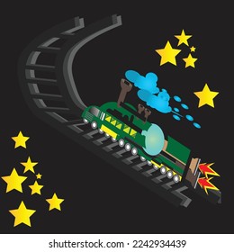 illustration of space train. colored. railroad stars and smoke