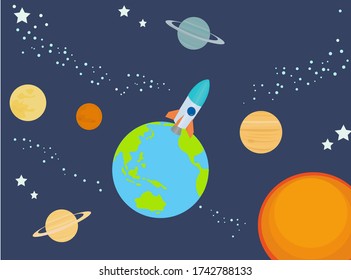 Illustration of space travel. Planets and rocket.
