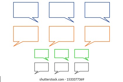 Illustration of spaces for text input in the bubble square form. Empty bubble label preset for comic, conversation etc. The square bubble in different colour.