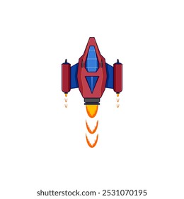 Illustration of a spaceship with a compact shape and high aerodynamics. has two machine guns, two laser guns, one hypersonic thruster and is predominantly red