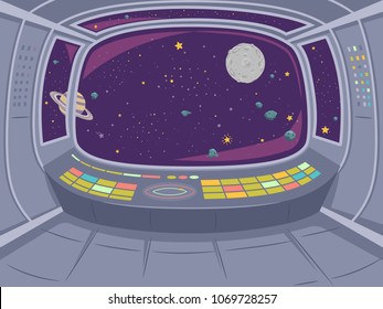 Illustration d'une salle de contrôle des navires spatiaux surplombant l'espace extra-atmosphérique avec les astéroïdes et les planètes