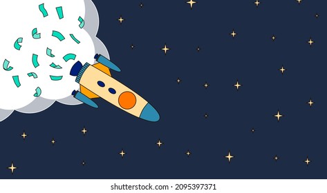 Illustration eines Raumschiffs, das in Sternenhimmel fällt. Prozent der fallenden Kryptowährungspreise. Raketenwerfer mit fallenden Geldbanknoten, die in dunkler Nacht fliegen