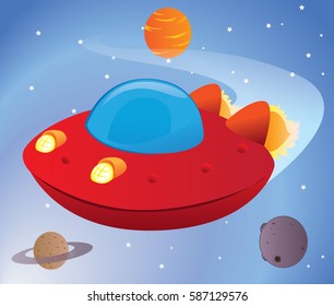 Illustration of a spaceship, flying saucer travel between planets in outer space universe. Ideal for promotional and educational materials