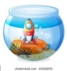 Illustration of a spaceship inside the aquarium on a white background
