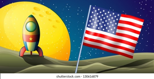 Illustration of a spaceship landing with a USA flag