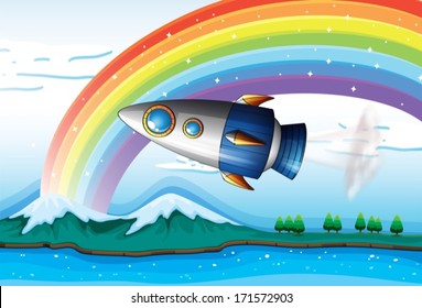 Illustration of a spaceship near the rainbow above the ocean