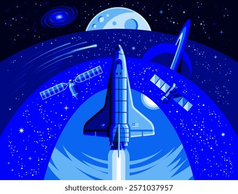 Illustration of a spaceship in orbit, orbital station, orbital module, planets, objects, meteorites.