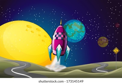 Illustration of a spaceship in the outerspace near the moon