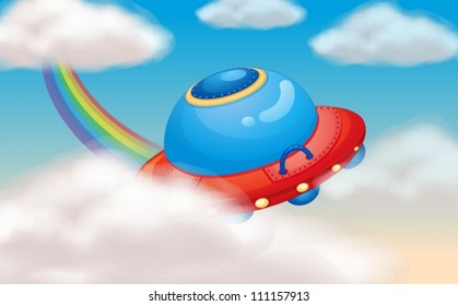 illustration of a spaceship and rainbow in sky
