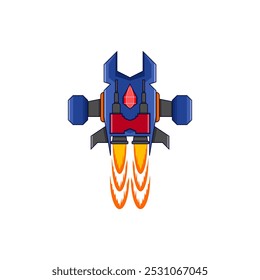 Illustration of a spaceship that has two cannons, two rocket boosters. has a shape that resembles a claw beetle and is predominantly blue in color