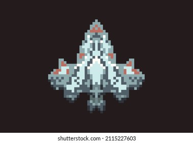 Illustration of a spaceship top view in pixel art style