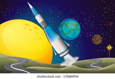 Illustration of a spaceship and two winding roads