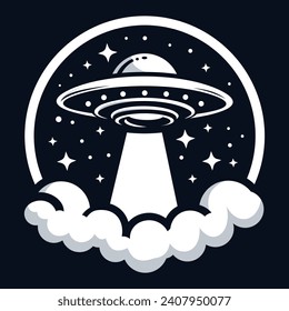 illustration of a spaceship or UFO logo emitting light downwards with a background of stars and smoke below