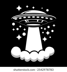 illustration of a spaceship or UFO logo emitting light downwards with a background of stars and smoke below