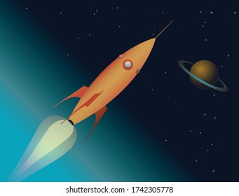 Illustration of a spaceship/rocket in outer space.
