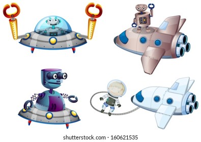 Illustration of the spaceships with robot and a young boy near the plane on a white background