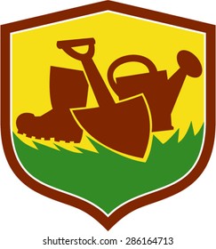 Illustration of a spade, gumboot and watering can on the grass set inside shield crest on isolated background done in retro style. 
