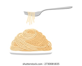 Illustration of spaghetti on a plate with a fork holding some